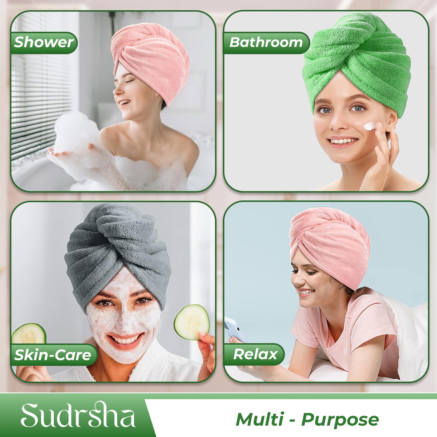 Sudrsha Microfiber (Green)  Hair Towel Wrap for Women – Quick Drying, Super Absorbent with Elastic Loop