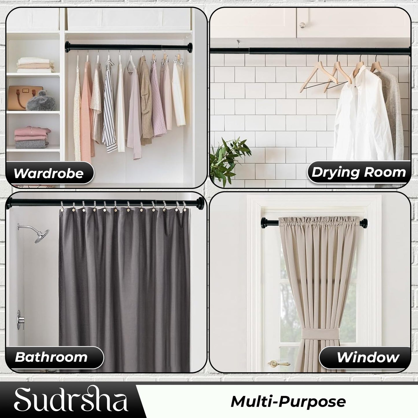 Sudrsha Stainless Steel Extendable Shower Black Curtain Tension Rod – Non-Drilling, Anti-Skid Spring Pull Rod (85cm–140cm)