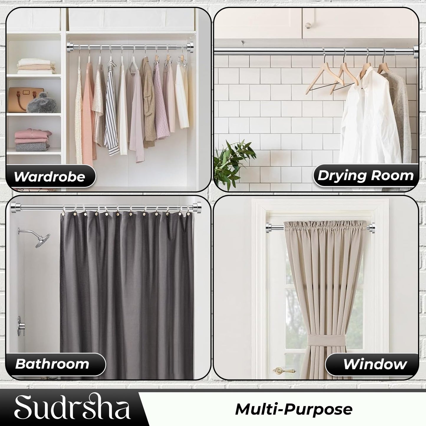 Sudrsha Stainless Steel Extendable Shower Silver Curtain Tension Rod – Non-Drilling, Anti-Skid Spring Pull Rod (85cm–140cm)