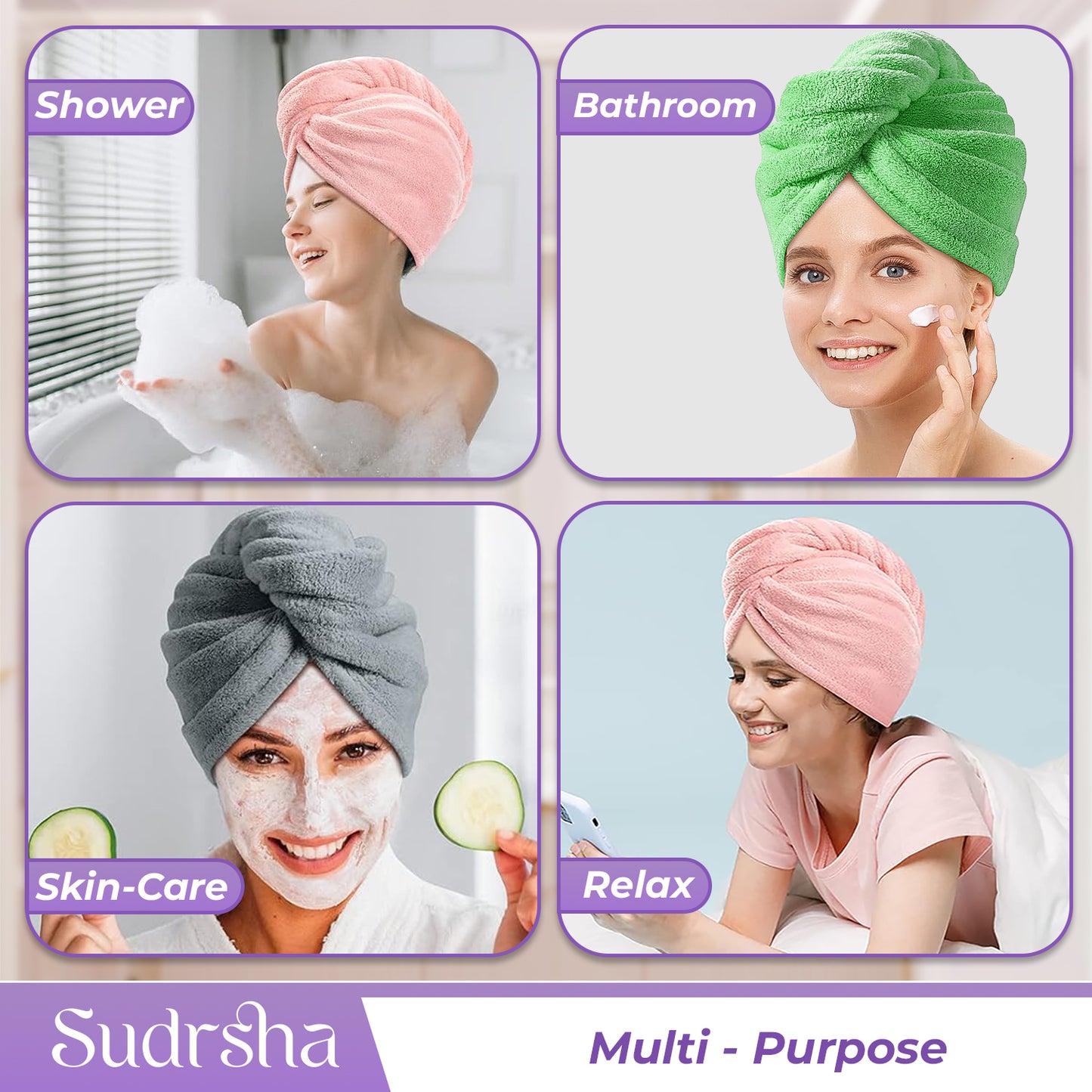 Sudrsha Microfiber (Purple)  Hair Towel Wrap for Women – Quick Drying, Super Absorbent with Elastic Loop