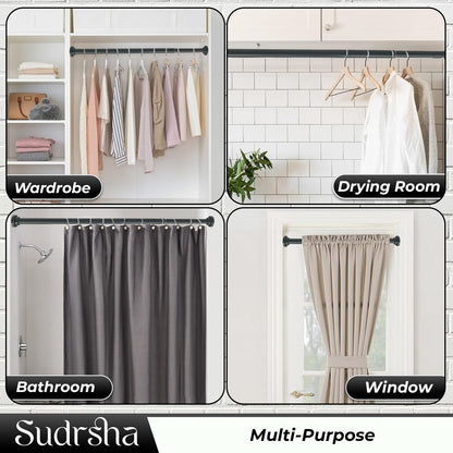 Sudrsha Stainless Steel Extendable Shower Grey Curtain Tension Rod – Non-Drilling, Anti-Skid Spring Pull Rod (85cm–140cm)