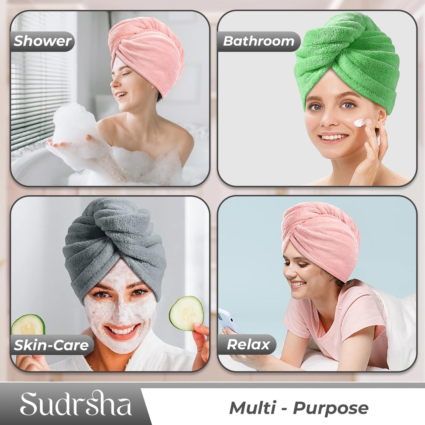 Sudrsha Microfiber (Grey)  Hair Towel Wrap for Women – Quick Drying, Super Absorbent with Elastic Loop