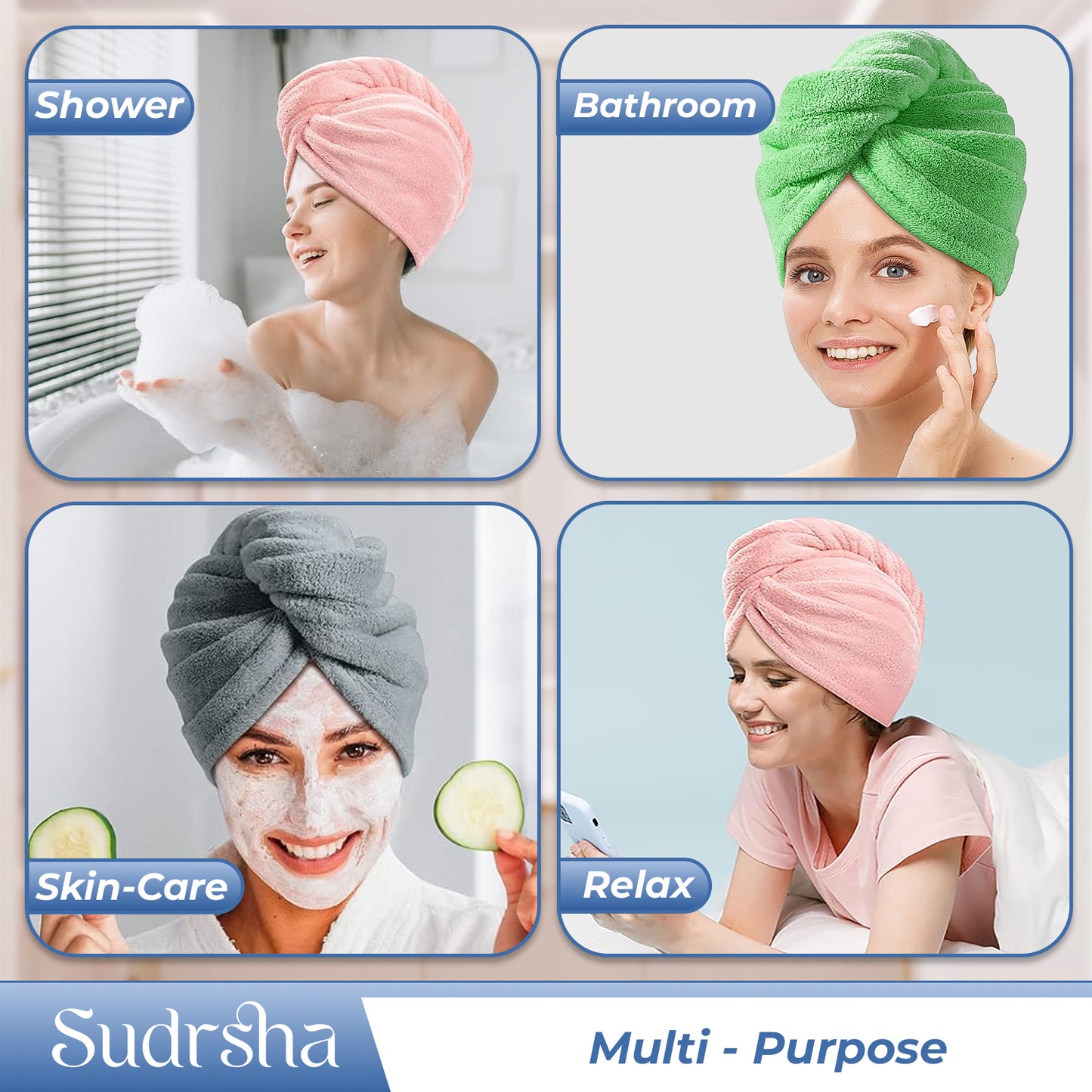 Sudrsha Microfiber ( Sky -Blue)  Hair Towel Wrap for Women – Quick Drying, Super Absorbent with Elastic Loop