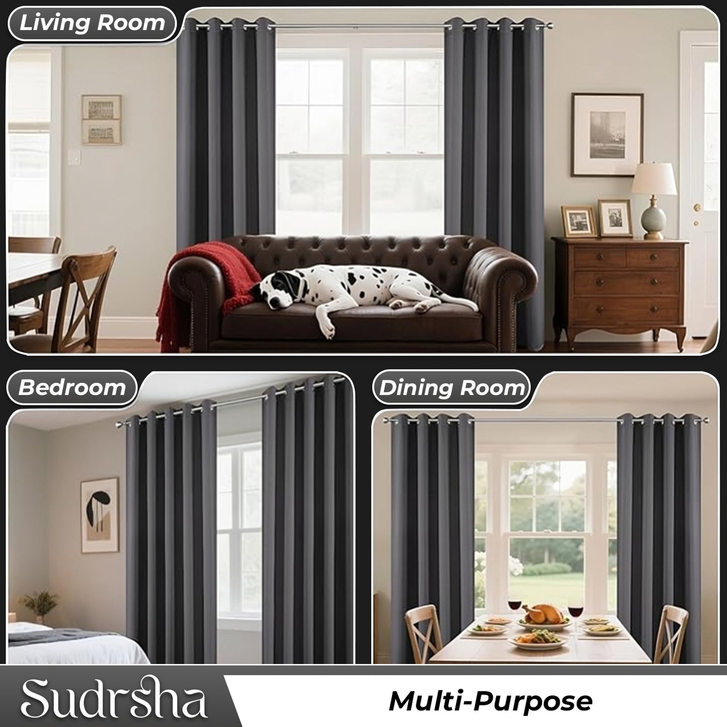 Sudrsha Blackout Long Door Curtain – 5 to 9 Feet | 90-95% Room Darkening, Thermal Insulated Plain Printed Curtain for Living Room & Bedroom(Grey)