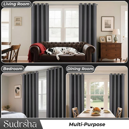 Sudrsha Blackout Long Door Curtain – 5 to 9 Feet | 90-95% Room Darkening, Thermal Insulated Plain Printed Curtain for Living Room & Bedroom(Grey)