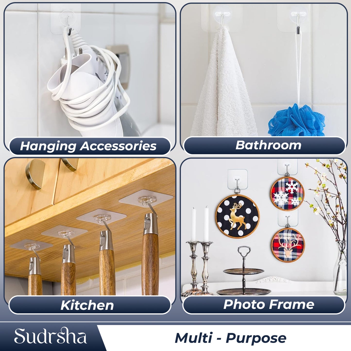 Sudrsha Adhesive Wall J Hooks for Hang in Kitchen Household and Bathroom Accessories (Pack of 20)