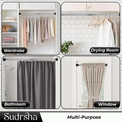 SUDRSHA (85Cm To 140Cm) Silver-Black Extendable Shower Curtain Tension Rod Non-Drilling Anti-Skid Spring Pull Rod -Stainless Steel