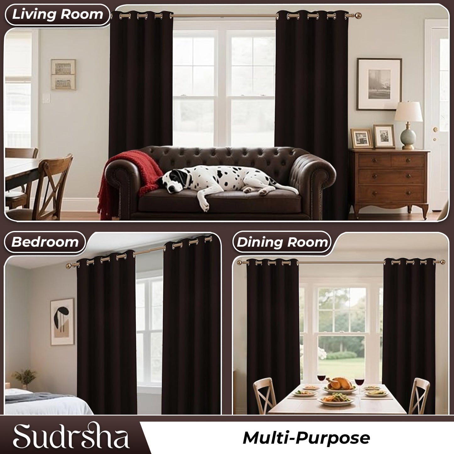 Sudrsha Blackout Long Door Curtain – 5 to 9 Feet | 90-95% Room Darkening, Thermal Insulated Plain Printed Curtain for Living Room & Bedroom(Brown)