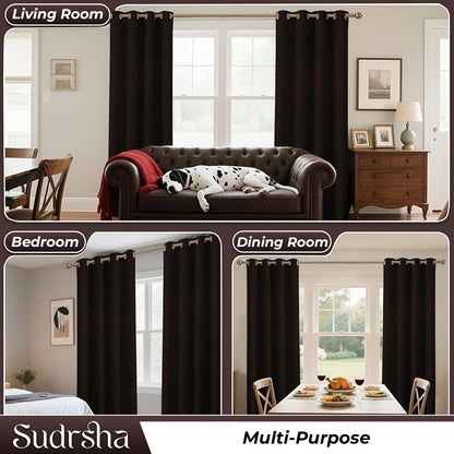 Sudrsha Blackout Long Door Curtain – 5 to 9 Feet | 90-95% Room Darkening, Thermal Insulated Plain Printed Curtain for Living Room & Bedroom(Brown)