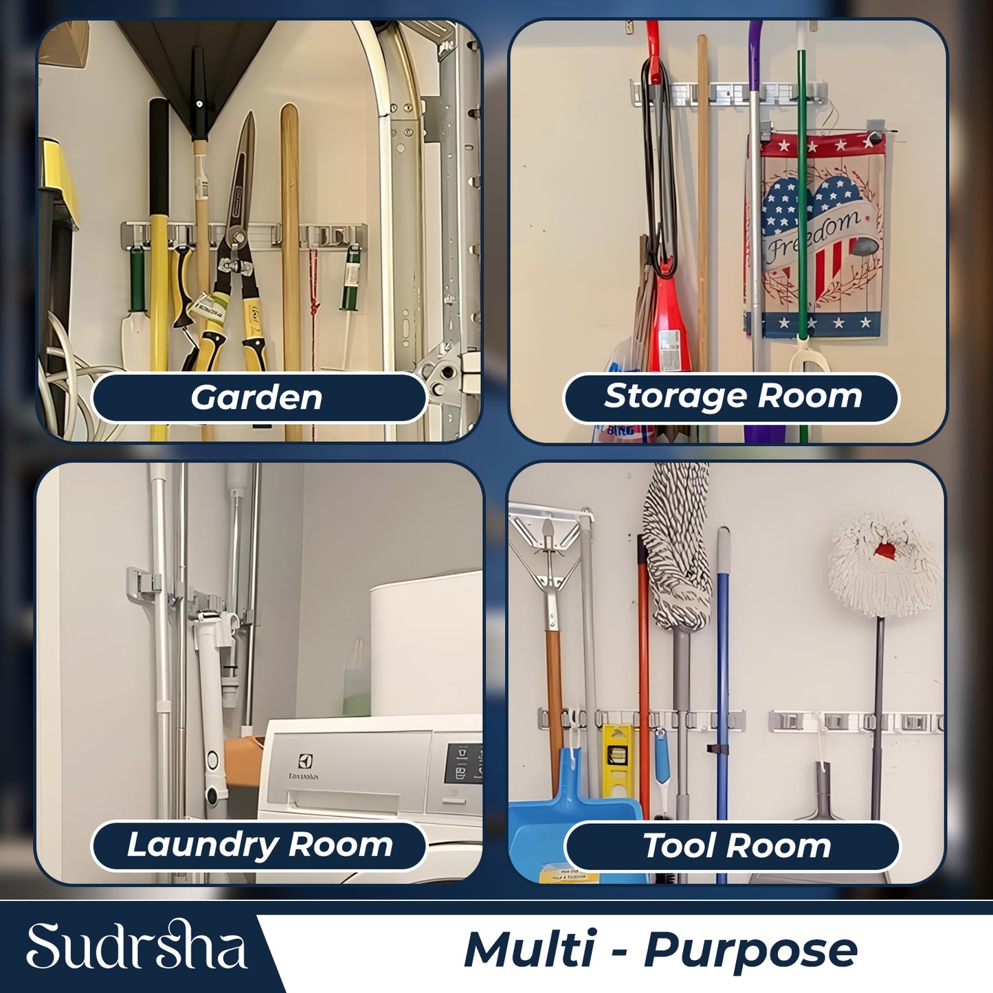 Screw Wall Mounted  5 Slot Stainless Steel Mop and Broom Holder (5 racks and 5 Hooks)  (Silver)