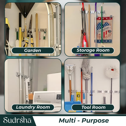 Screw Wall Mounted  4 Slot Stainless Steel Mop and Broom Holder, (4 racks and 4 Hooks) (Silver)