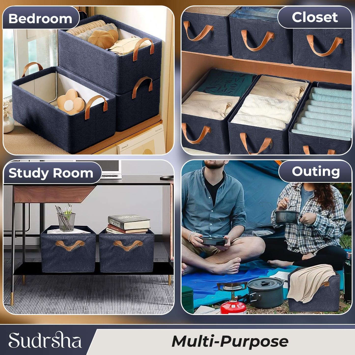 Sudrsha Foldable Wardrobe Organizer Box (47×27×20 cm) | Durable Polystyrene Storage with Handle for Clothes, Toys & Blankets(Navy Blue)