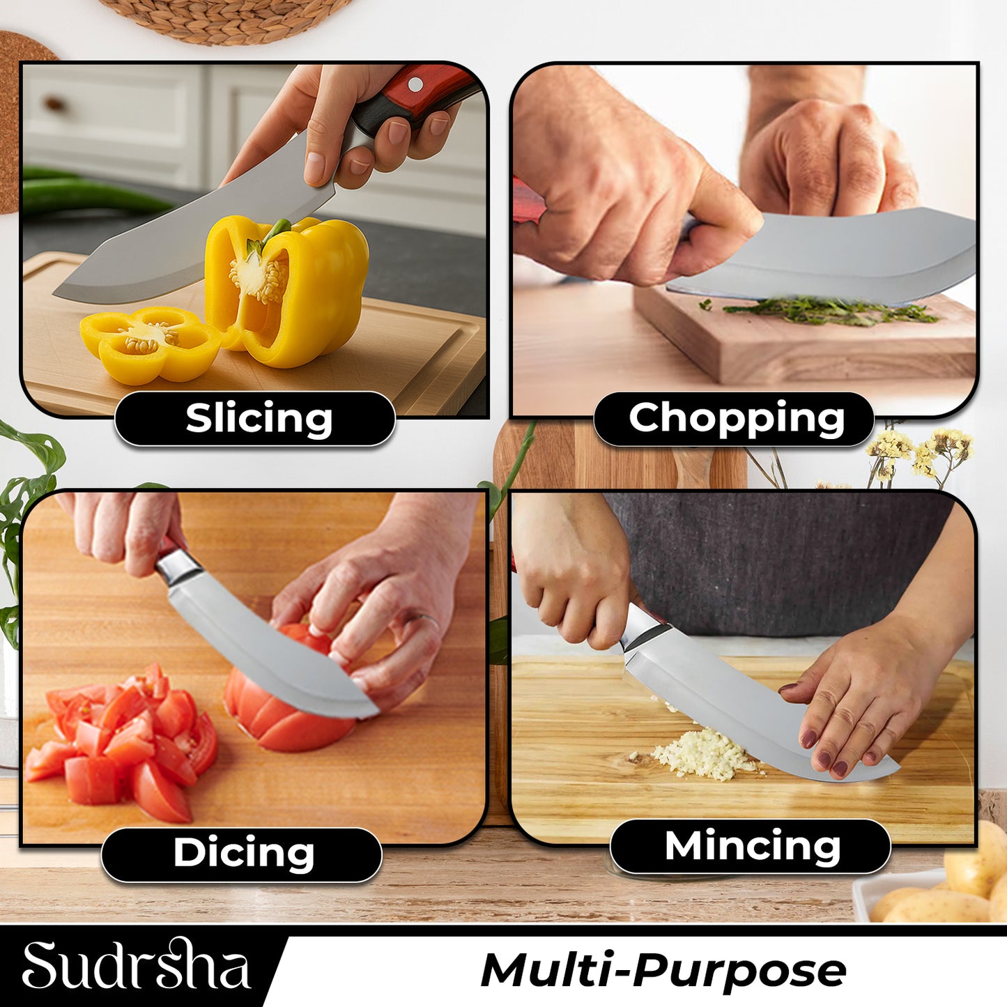 Sudrsha Heavy Duty Chef Knife with Sheath – High Carbon Steel Butcher Cleaver for Meat, Bone, Fish & Vegetables – Professional Kitchen Chopper Knife with Wooden Handle (1 Piece)