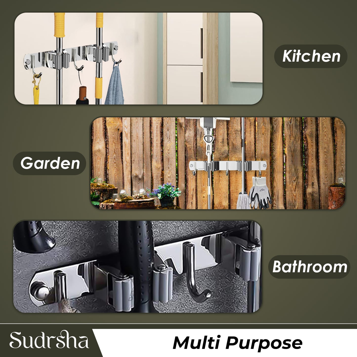 Screw Wall Mounted  2 Slot Stainless Steel Mop and Broom Holder, (2 racks and 2 Hooks) (Silver)