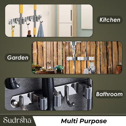 Screw Wall Mounted  2 Slot Stainless Steel Mop and Broom Holder, (2 racks and 2 Hooks) (Silver)