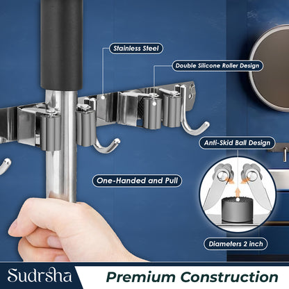 Screw Wall Mounted  5 Slot Stainless Steel Mop and Broom Holder (5 racks and 5 Hooks)  (Silver)