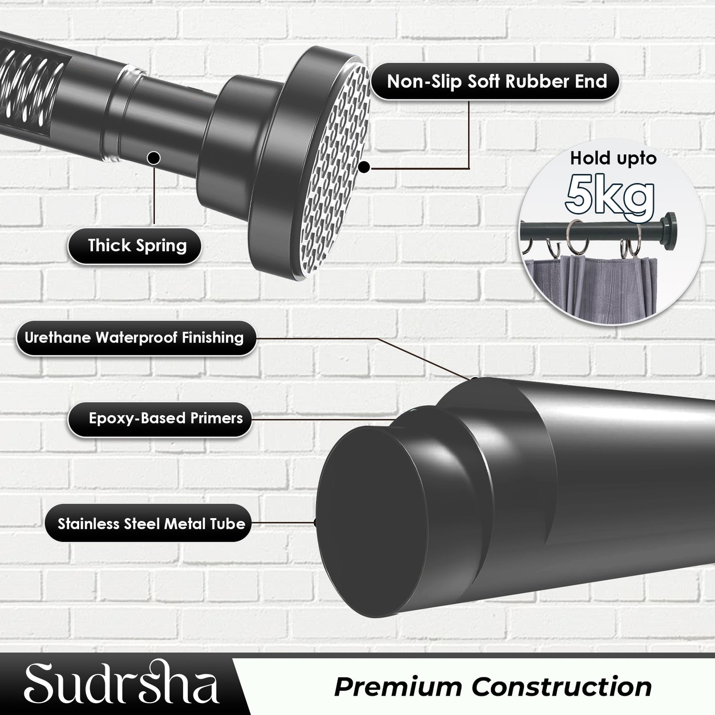 Sudrsha Stainless Steel Extendable Shower Grey Curtain Tension Rod – Non-Drilling, Anti-Skid Spring Pull Rod (85cm–140cm)