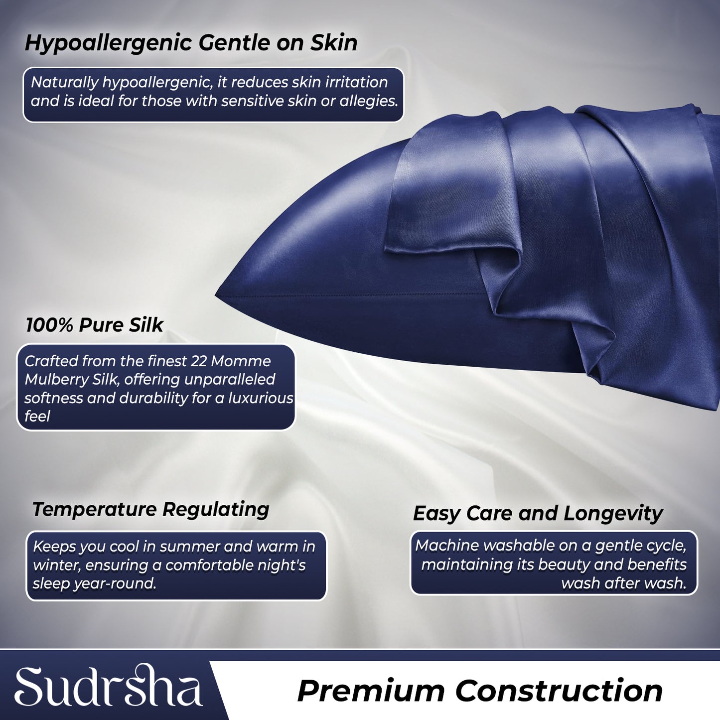 Sudrsha Solid 600 TC Satin Silk PillowCases (Navy)