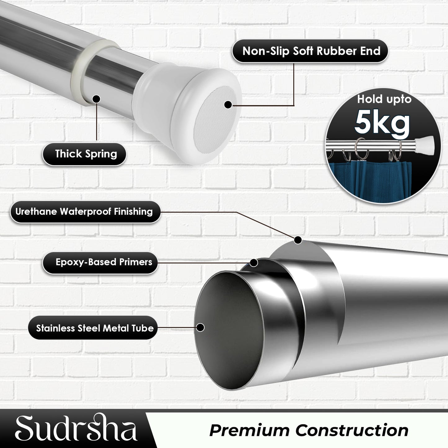 SUDRSHA (85Cm To 140Cm) White-Silver Extendable Shower Curtain Tension Rod Non-Drilling Anti-Skid Spring Pull Rod -Stainless Steel