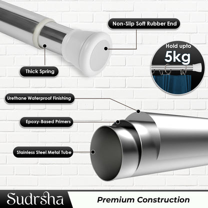 SUDRSHA (85Cm To 140Cm) White-Silver Extendable Shower Curtain Tension Rod Non-Drilling Anti-Skid Spring Pull Rod -Stainless Steel