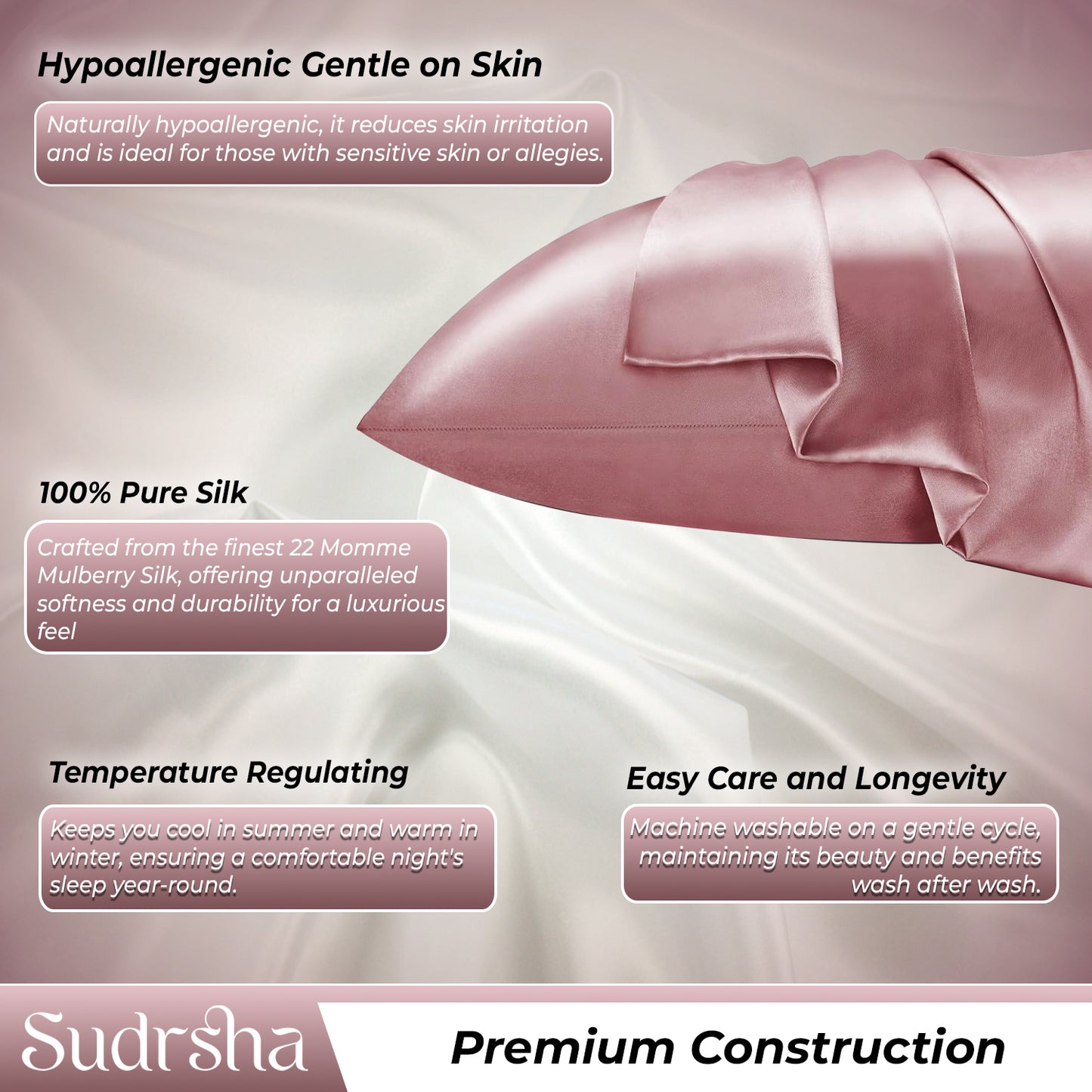 Sudrsha Solid 600 TC Satin Silk PillowCases (Rose pink)