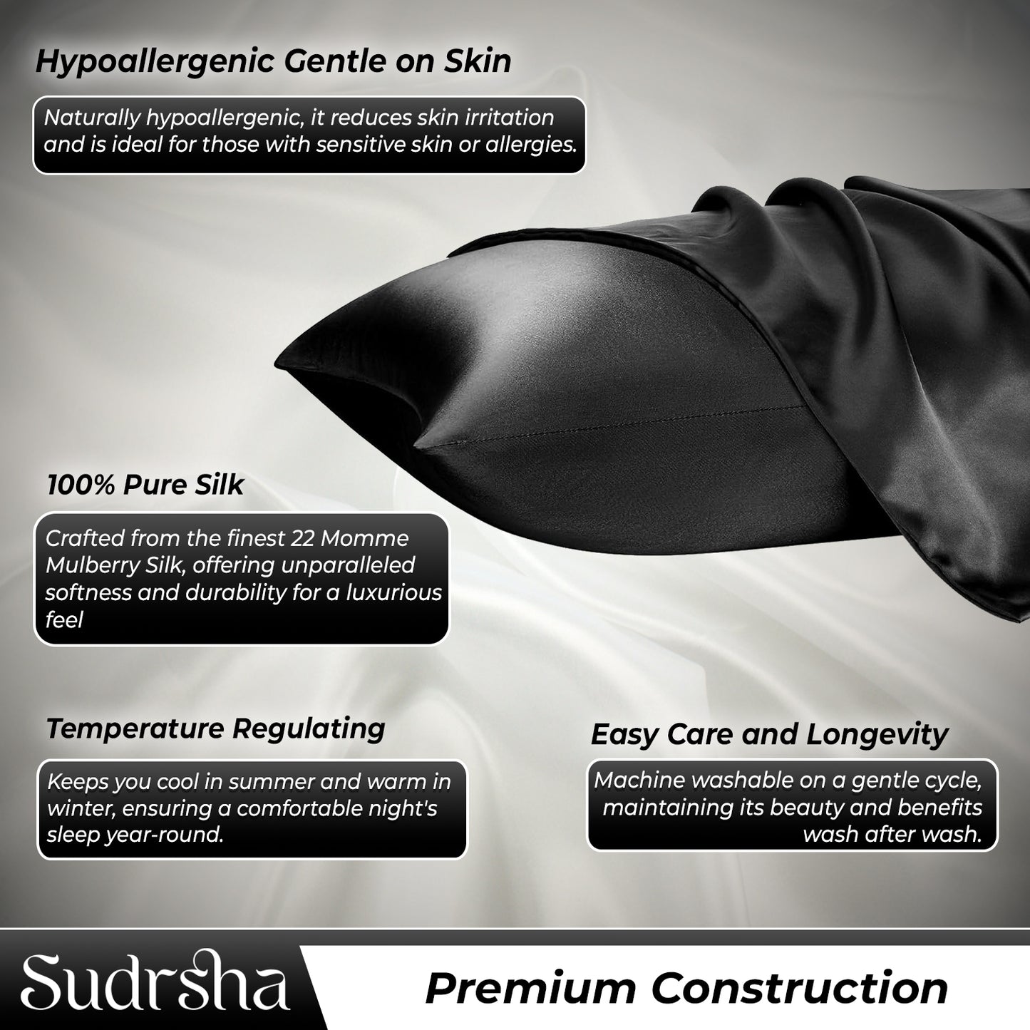 Sudrsha Solid 600 TC Satin Silk Pillowcases(Black)