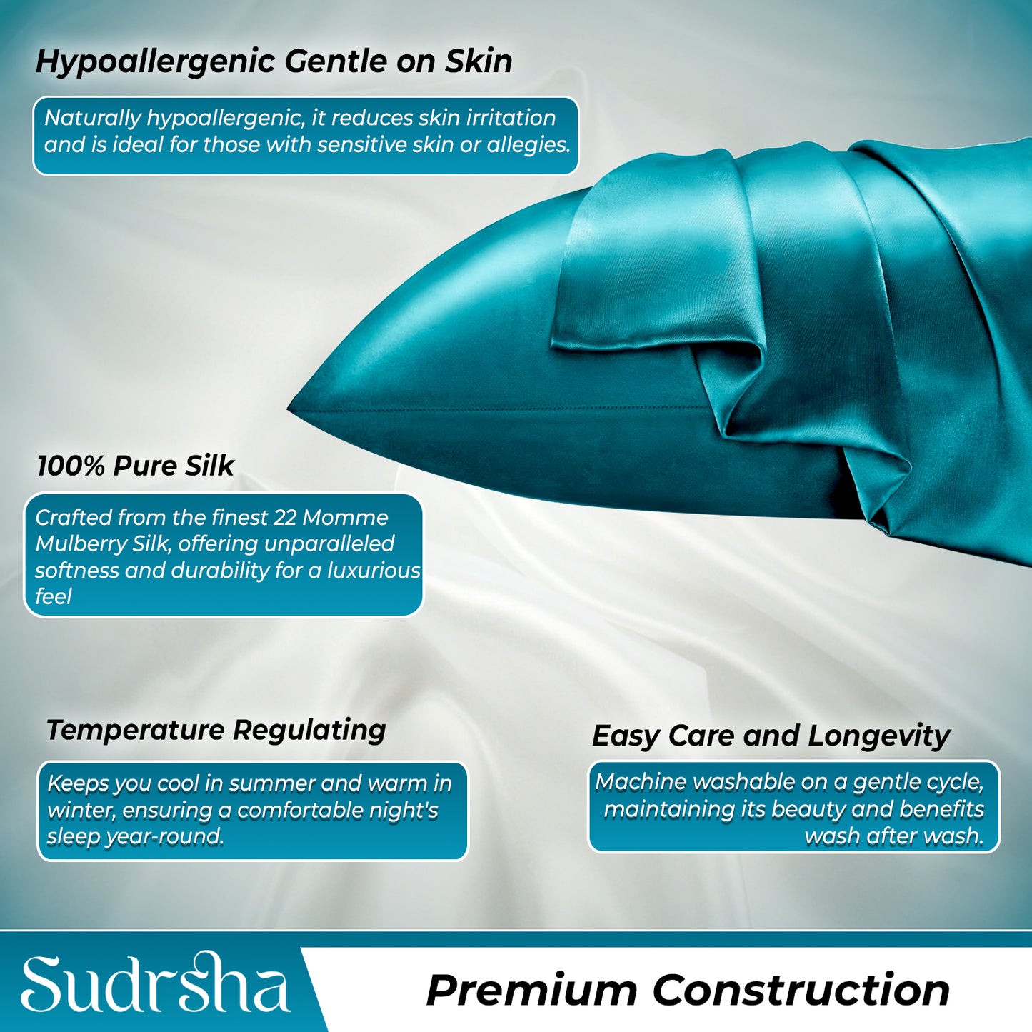 Sudrsha Solid 600 TC Satin Silk PillowCases (Teal)