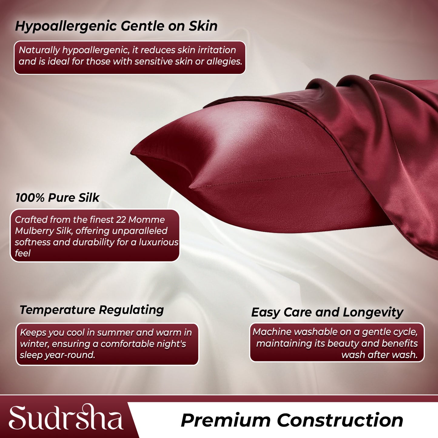 Sudrsha Solid 600 TC Satin Silk PillowCases (Maroon)