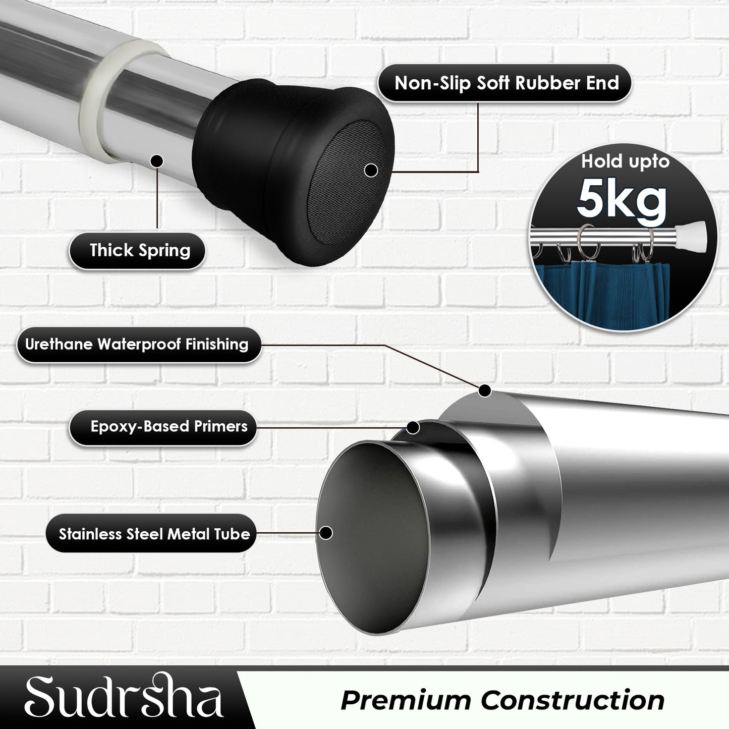 SUDRSHA (85Cm To 140Cm) Silver-Black Extendable Shower Curtain Tension Rod Non-Drilling Anti-Skid Spring Pull Rod -Stainless Steel