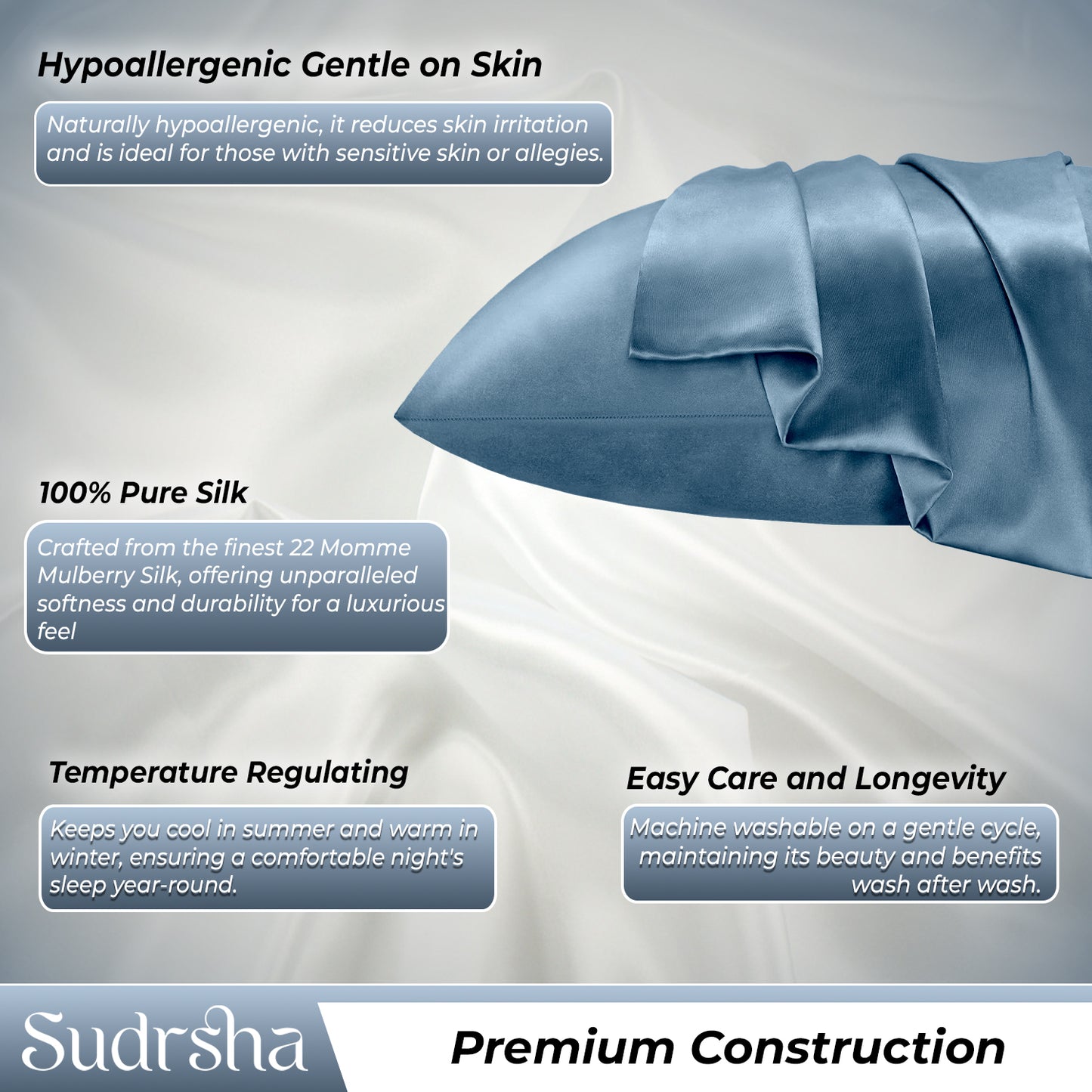 Sudrsha Solid 600 TC Satin Silk PillowCases (Stone Blue )