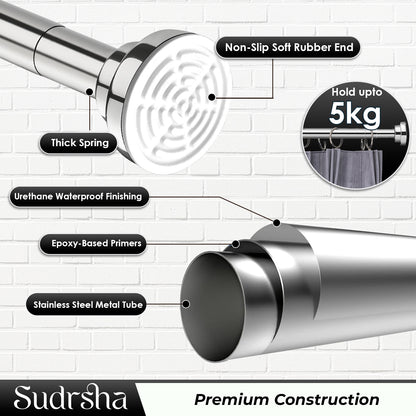 Sudrsha Stainless Steel Extendable Shower Silver Curtain Tension Rod – Non-Drilling, Anti-Skid Spring Pull Rod (85cm–140cm)