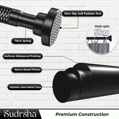 Sudrsha Stainless Steel Extendable Shower Black Curtain Tension Rod – Non-Drilling, Anti-Skid Spring Pull Rod (85cm–140cm)