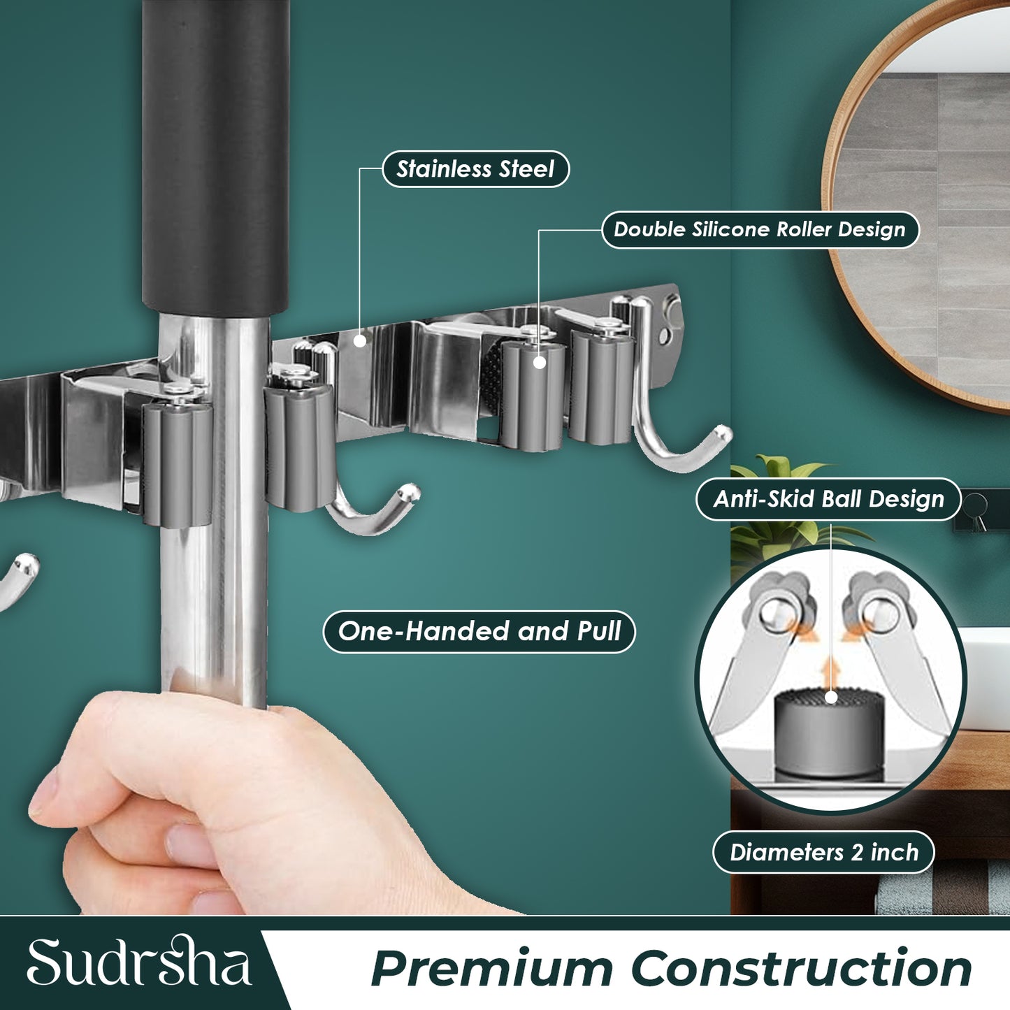 Screw Wall Mounted  4 Slot Stainless Steel Mop and Broom Holder, (4 racks and 4 Hooks) (Silver)