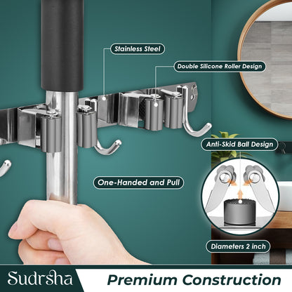 Screw Wall Mounted  4 Slot Stainless Steel Mop and Broom Holder, (4 racks and 4 Hooks) (Silver)
