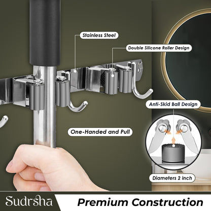 Screw Wall Mounted  2 Slot Stainless Steel Mop and Broom Holder, (2 racks and 2 Hooks) (Silver)