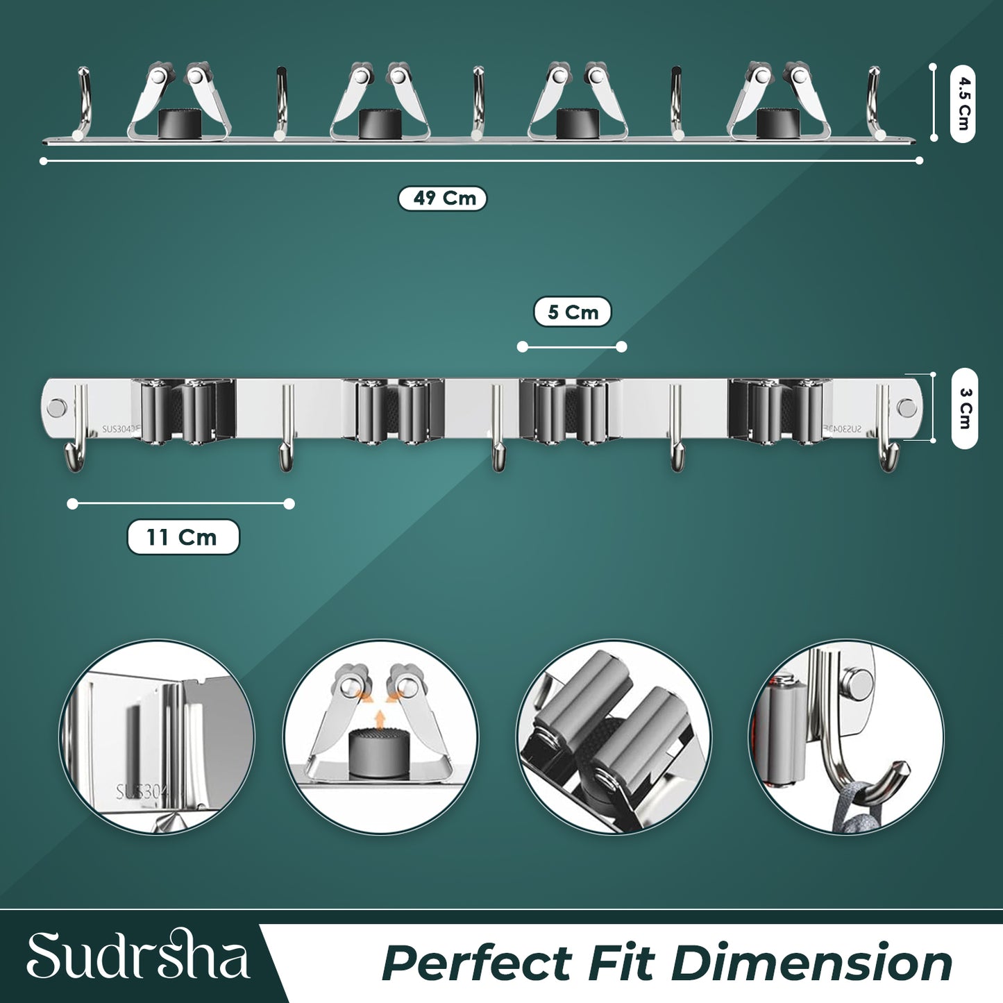 Screw Wall Mounted  4 Slot Stainless Steel Mop and Broom Holder, (4 racks and 4 Hooks) (Silver)