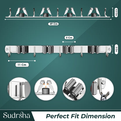 Screw Wall Mounted  4 Slot Stainless Steel Mop and Broom Holder, (4 racks and 4 Hooks) (Silver)