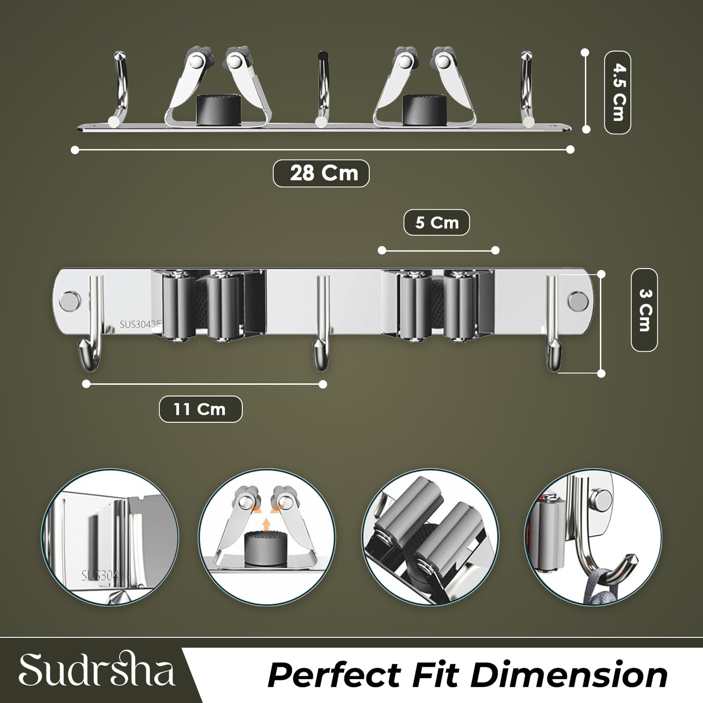 Screw Wall Mounted  2 Slot Stainless Steel Mop and Broom Holder, (2 racks and 2 Hooks) (Silver)
