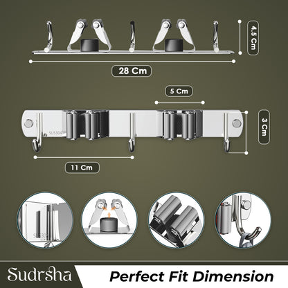 Screw Wall Mounted  2 Slot Stainless Steel Mop and Broom Holder, (2 racks and 2 Hooks) (Silver)