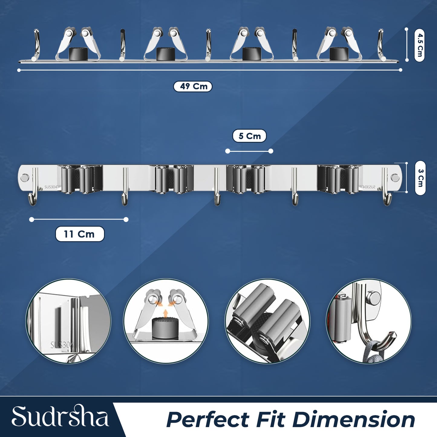 Screw Wall Mounted  5 Slot Stainless Steel Mop and Broom Holder (5 racks and 5 Hooks)  (Silver)