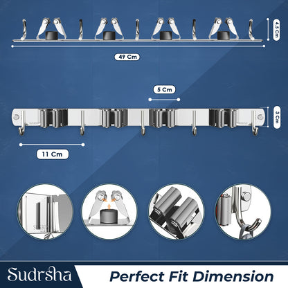 Screw Wall Mounted  5 Slot Stainless Steel Mop and Broom Holder (5 racks and 5 Hooks)  (Silver)