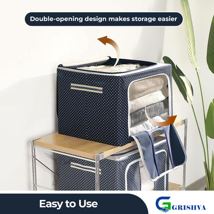 GRISHVA 66 Litters Double Sided Zipper Wardrobe Organizer with Durable Handle, Foldable Stuff Storage Box Closet Drawer Organizers for Clothes,Toys,Books,Blanket (Blue) 45 x 30 x 23 Cm