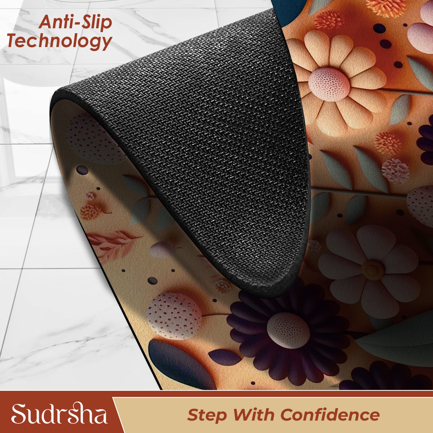 Sudrsha Anti-Skid 3D Flower Print Rubber Bath Mat – Water-Absorbent Orange  Bathroom Mat