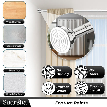 Sudrsha Stainless Steel Extendable Shower Silver Curtain Tension Rod – Non-Drilling, Anti-Skid Spring Pull Rod (85cm–140cm)