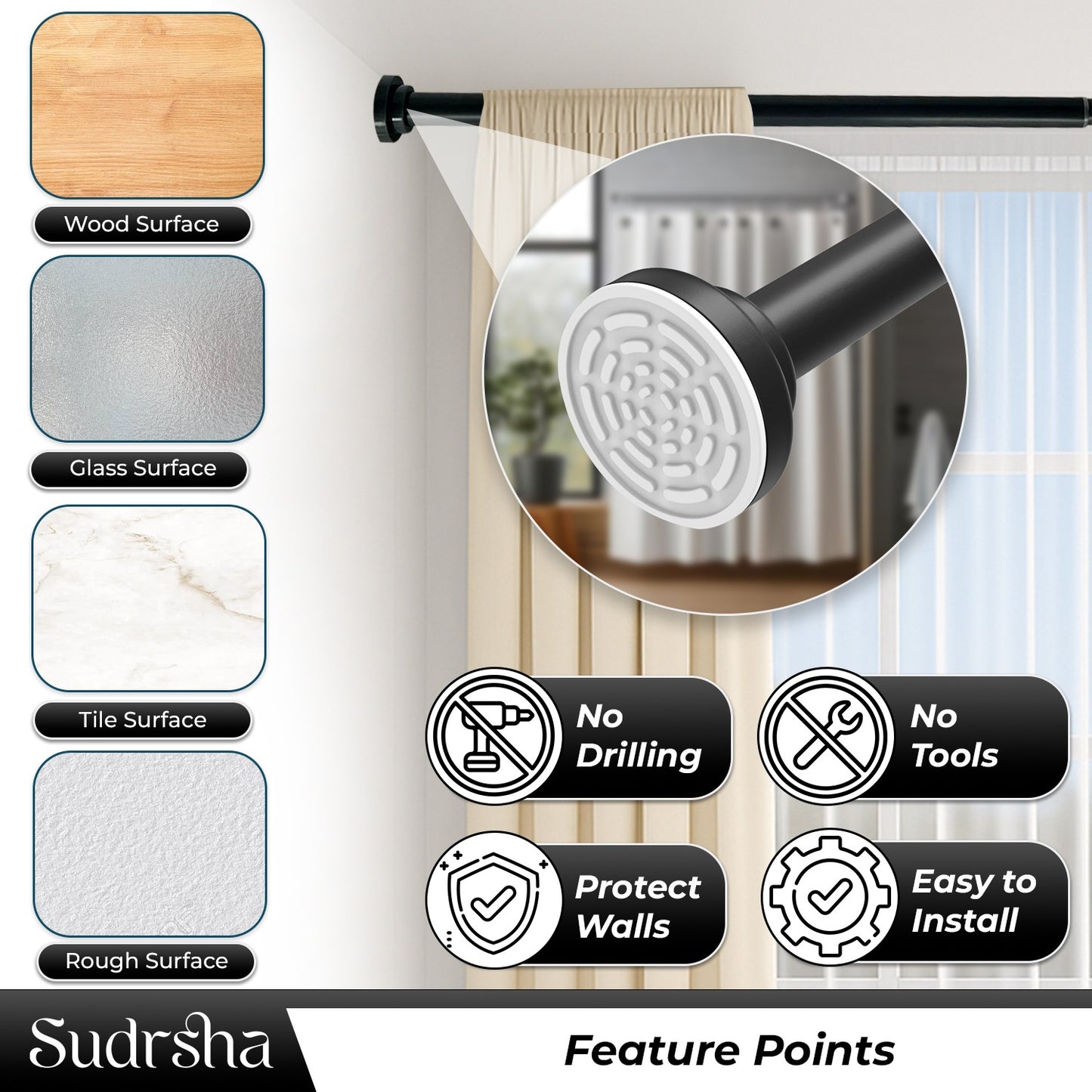 Sudrsha Stainless Steel Extendable Shower Black Curtain Tension Rod – Non-Drilling, Anti-Skid Spring Pull Rod (85cm–140cm)