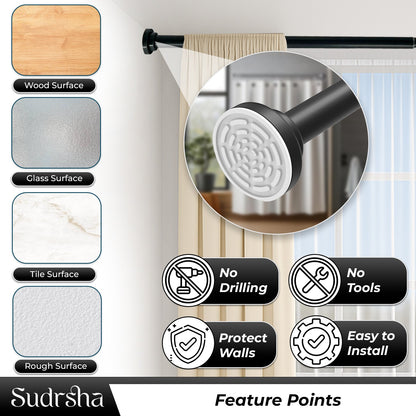 Sudrsha Stainless Steel Extendable Shower Black Curtain Tension Rod – Non-Drilling, Anti-Skid Spring Pull Rod (85cm–140cm)