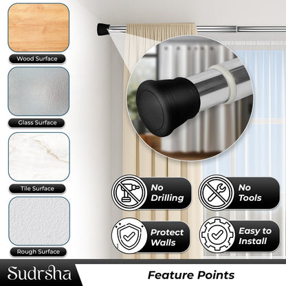 SUDRSHA (85Cm To 140Cm) Silver-Black Extendable Shower Curtain Tension Rod Non-Drilling Anti-Skid Spring Pull Rod -Stainless Steel