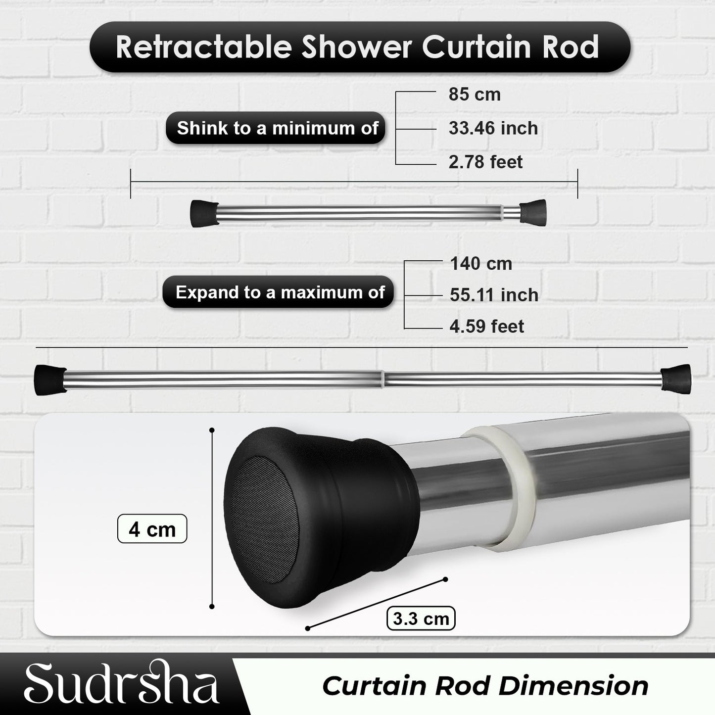 SUDRSHA (85Cm To 140Cm) Silver-Black Extendable Shower Curtain Tension Rod Non-Drilling Anti-Skid Spring Pull Rod -Stainless Steel