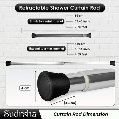 SUDRSHA (85Cm To 140Cm) Silver-Black Extendable Shower Curtain Tension Rod Non-Drilling Anti-Skid Spring Pull Rod -Stainless Steel