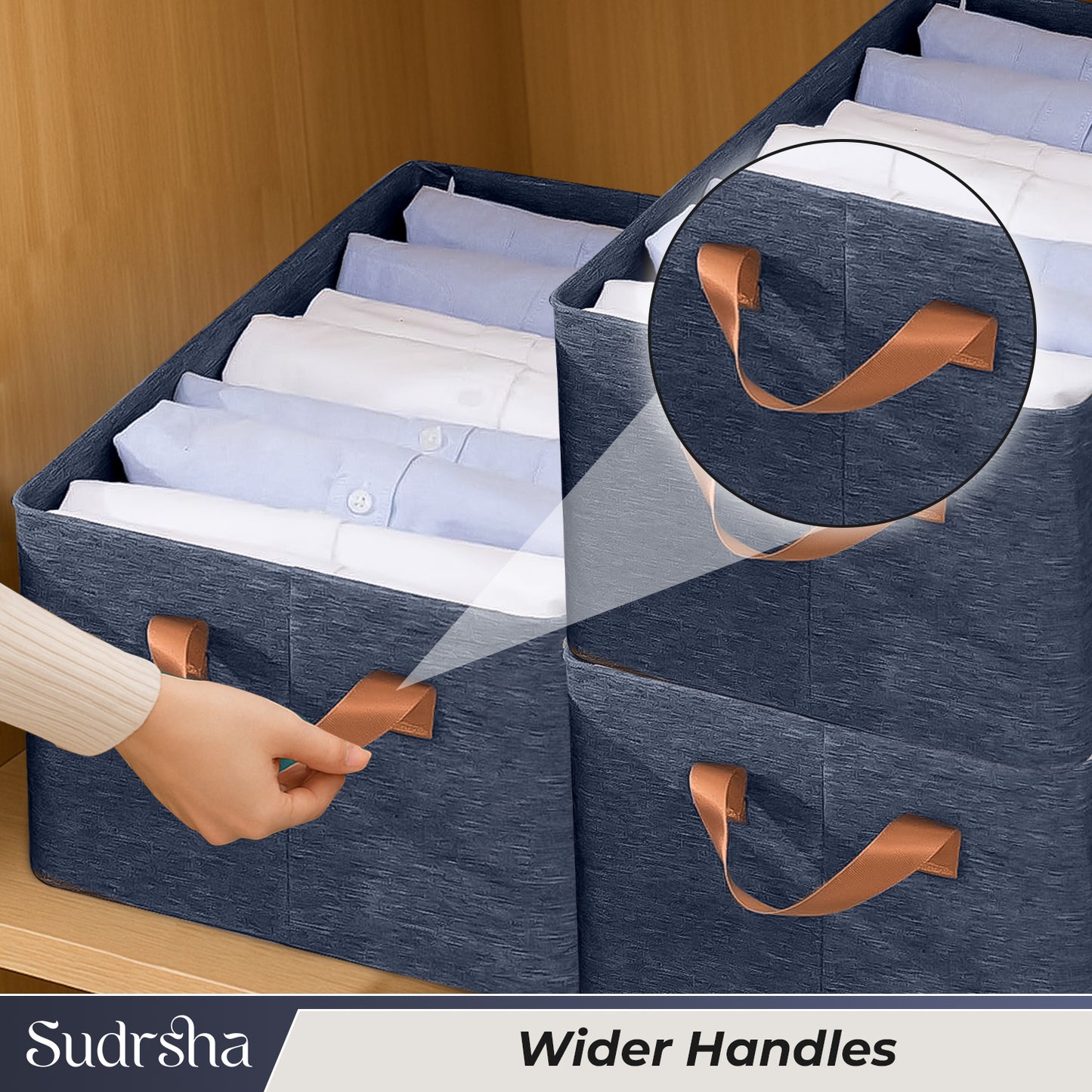 Sudrsha Foldable Wardrobe Organizer Box (47×27×20 cm) | Durable Polystyrene Storage with Handle for Clothes, Toys & Blankets(Navy Blue)